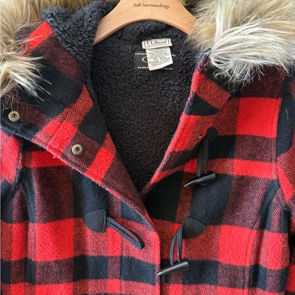 L.L. Bean Red and Black Plaid Wool Parka with Faux Fur Hood - Picture 3 of 10